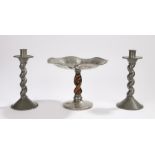 Lion Pewter tazza, with beaten wavy bowl on an oak barley twist central column and beaten pewter