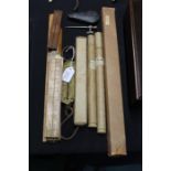 Salters pocket balance, folding and other rulers, two barrel taps, four thermometers (qty)