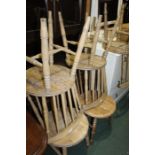 Set of five pine spindle back chairs, with circular seats above turned legs (5)