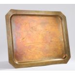 Brass tray, the central field with brush stroke effect decoration, signed F De Jauclenon? 49cm x
