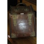 Edwardian oak coal box, with a handle to the top and brass decorations to the fall