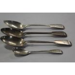 Three silver dessert spoons, various dates and makers, silver mustard spoon, 5.3oz