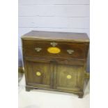 George III mahogany and inlaid secretaire chest, the rectangular top above a shell inlaid secretaire