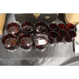 Set of six French ruby and clear wine glasses, matching set of six liquor glasses, Charles and Diana
