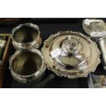 Plated serving dish, the lid with pierced handle above a gadrooned rim and turned handle, the