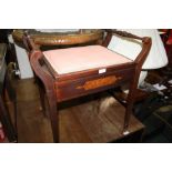 Edwardian mahogany and boxwood strung pian stool, the hinged upholstered seat opening to reveal an