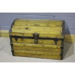 20th Century light wood trunk, iron and wood bounded, the top opening to reveal a removable shelf,