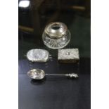 Silver vesta case, teaspoon dressing table pot with clear glass base and matchbox holder, silver 1.