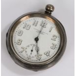 Silver cased open face pocket watch, the white dial with Arabic numerals, subsidiary seconds dial