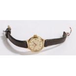 Cyma 9 carat gold ladies wristwatch, the signed engine turned dial with Arabic and baton markers,