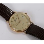 Geneve 9ct watch gentlemans wristwatch, the signed gilt dial with Roman and baton markers, date