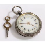 Continental silver open face pocket watch, the white dial with Roman numerals, the caseback with