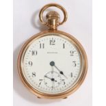 Waltham gold plated open face pocket watch, the signed white dial with Arabic numerals and