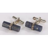 Pair of silver and lapis lazuli cufflinks, with hexagonal lapis lazuli ends