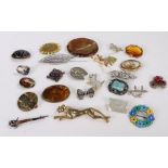 Brooches, to include silver and enamelled, banded agate, clear paste and mother of pearl examples (
