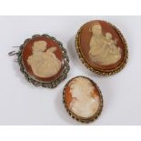 Three cameo brooches to include brooch depicting the Virgin Mary and child, brooch depicting a