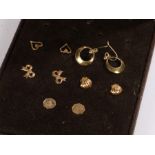 Pair of 9 carat gold small hoop earrings, 0.6g, four other pairs of earrings (5)