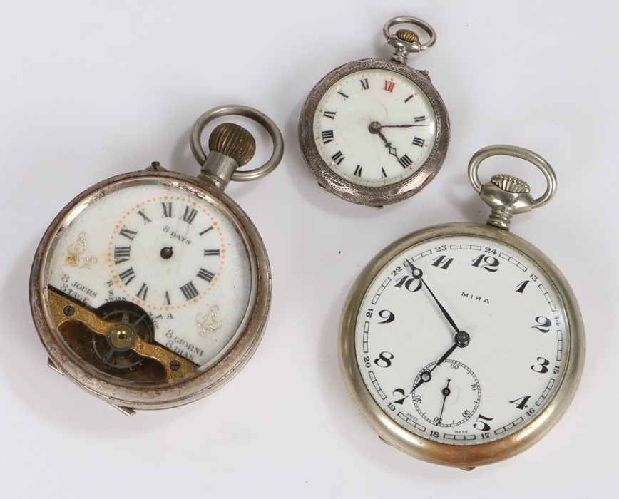 Continental silver open face pocket watch, Mira open face pocket watch, Hebdomas style open face