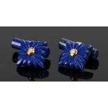 Pair of lapis lazuli and pearl set cufflinks, with square section carved ends set with a central