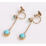 Pair of 9 carat gold and turquoise earrings, with turquoise roundel drops, 0.9g