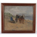 David Gould (1871-1952) seated figure with horse and cart on a beach, oil on canvas, housed in a