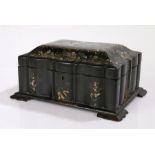 Victorian papier mache and mother of pearl workbox, with foliate decorated lid and interior tray,