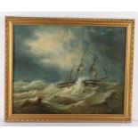 19th Century oil on board, ship in rough seas, unsigned, housed in a gilt frame, the oil 46cm x 36.