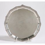 George V silver card tray, Birmingham 1923, maker Brothers Ltd, with beaded and shell cast border,