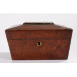 Victorian rosewood tea caddy, the gadrooned tapering lid opening to reveal two interior lidded