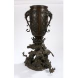 Large Meiji period bronze jardinière, the vase with panels decorated with swooping and resting birds