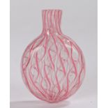 George III Nailsea glass scent/perfume bottle, in pink ribbon bands to the circular body and long