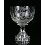 19th Century Masonic beer rummer, the bowl engraved with Masonic symbols, above the square section