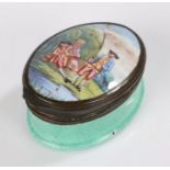 18th Century South Staffordshire enamel snuff box, the lid with depiction of figures fishing above a