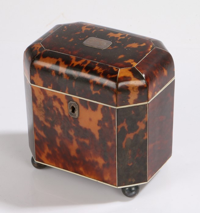 Regency period tortoiseshell tea caddy, of shaped octagonal form with ivory stringing and four - Image 2 of 3