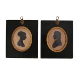 Pair of 19th Century silhouettes, of a lady and gentleman in black ebonised frames, 13cm x 15cm, (2)