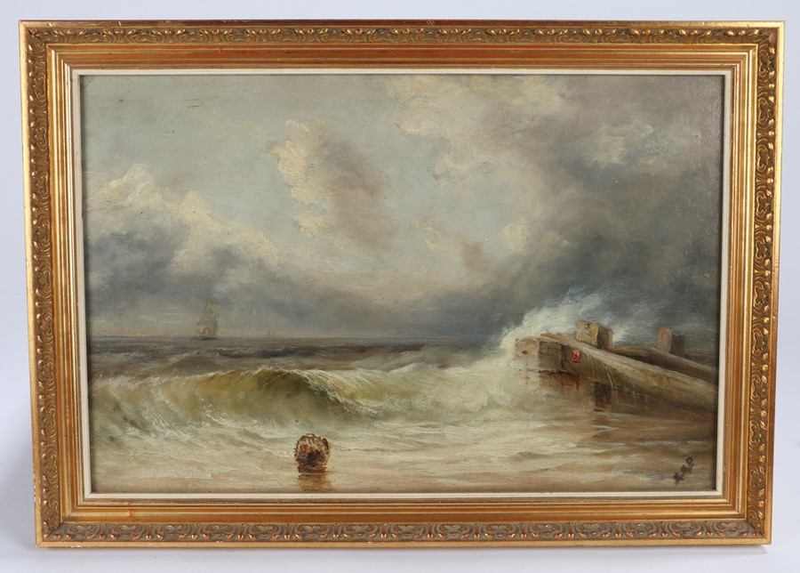 Attribute to E.M. Fison, oil on board, waves breaking on a beach with basket to the foreground,