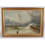 Attribute to E.M. Fison, oil on board, waves breaking on a beach with basket to the foreground,