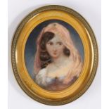 Late 19th Century portrait miniature on ivory, depicting a young lady wearing a puce headscarf and