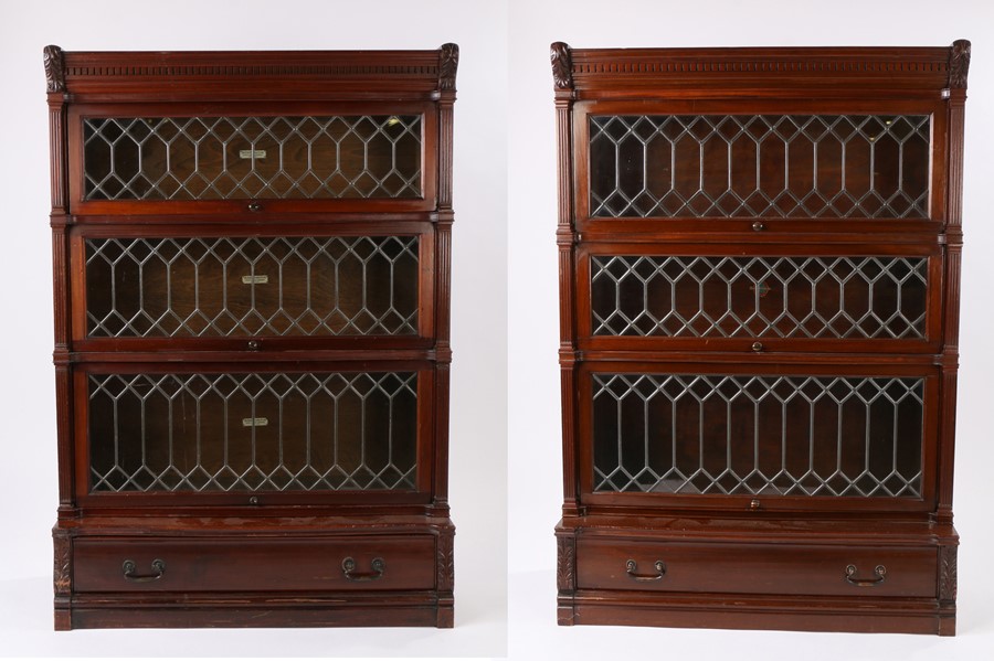 Pair of 1920's mahogany Globe Wernicke 'Elastic' bookcases, both in three astragal glazed tiered