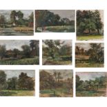 John Ambrose RSMA (1931-2010), nine landscape scenes to include riverside scene with bridge, oils on
