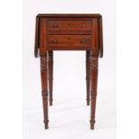 Regency mahogany and satin wood crossbanded work table, the drop flap top above two frieze drawers