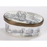 18th Century South Staffordshire enamel snuff box, the white lid with a depiction of a couple in a