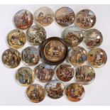 Collection of twenty 19th Century Prattware pot lids, to include Uncle Toby, the game bag, the