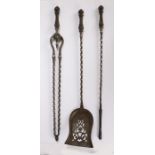 Set of George III steel fireirons with knobbed finials and straight stems, to include poker,