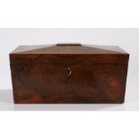 Victorian mahogany and boxwood strung box, of sarcophagus form, the hinged lid opening to reveal a