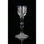 George III cordial glass, the flower engraved bowl above a knobbed stem and stepped foot, 15cm high