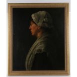 19th Century British school, profile portrait of a lady wearing a lace cap, oil on canvas, housed in