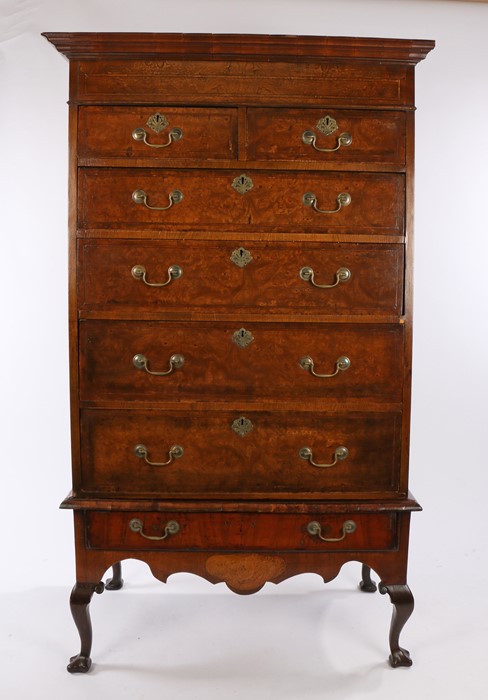 George II style pollard oak chest on stand, the concave cornice above a deep frieze and two short