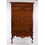 George II style pollard oak chest on stand, the concave cornice above a deep frieze and two short