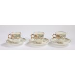 Sevres porcelain tea cups and saucers, Chateau de F Bleau, decorated with acorns and birds, blue,
